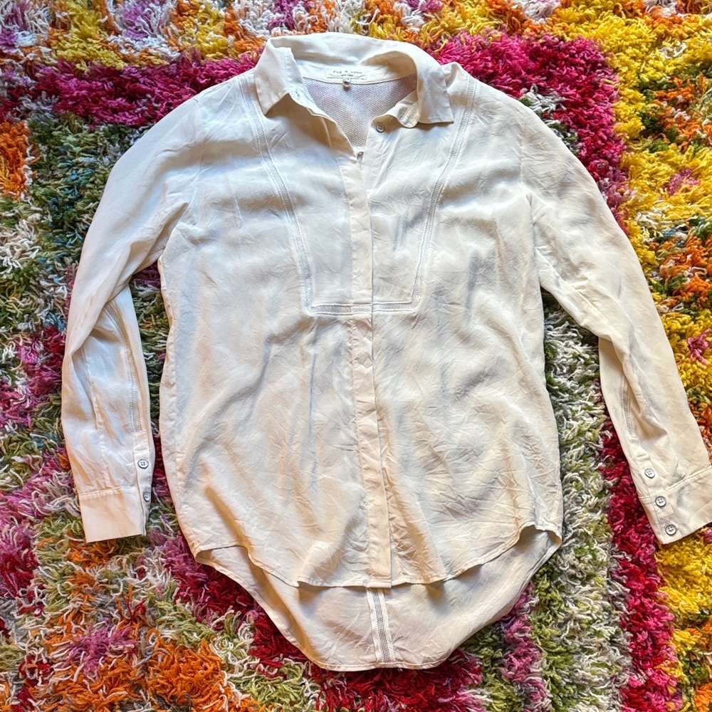 rag & bone Silk Long Sleeve Button Down Shirt Blouse Cream